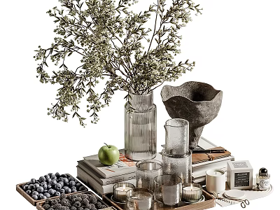 Decorative Ornament Set Featuring Green Foliage Glass Vase Apple Blueberries Candles Books And Wooden Tray 3d model