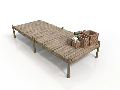 Rustic Long Wooden Platform With Wicker Baskets And Storage Items 3d model