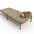 Rustic Long Wooden Platform With Wicker Baskets And Storage Items 3d model