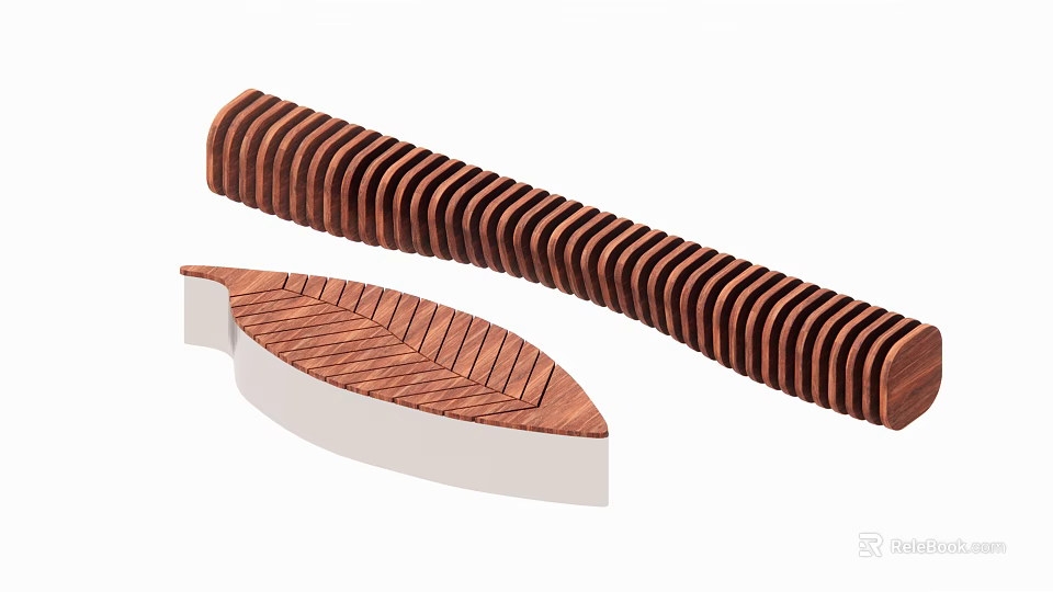 Unique Wooden Leaf Shaped And Striped Curved Stools With Wood Grain Pattern And White Base 3d model 