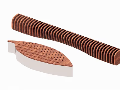 Unique Wooden Leaf Shaped And Striped Curved Stools With Wood Grain Pattern And White Base 3d model