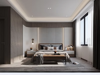 Modern Bedroom Interior Design With Wooden Bedhead Bench And Bedside Lamps Window Rug 3d model