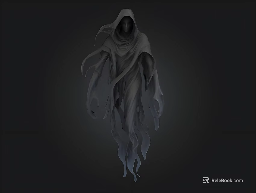 Mysterious Hooded Figure With Flowing Cloak In Dark Background 3d model 