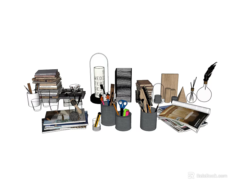 Desk Stationery Collection With Books Pencil Holders Scissors Quill And Photo Frames 3d model 