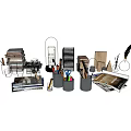 Desk Stationery Collection With Books Pencil Holders Scissors Quill And Photo Frames