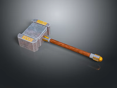 Medieval Hammer With Silver Head Golden Yellow Decorations Wooden Handle And Metal Tip 3d model