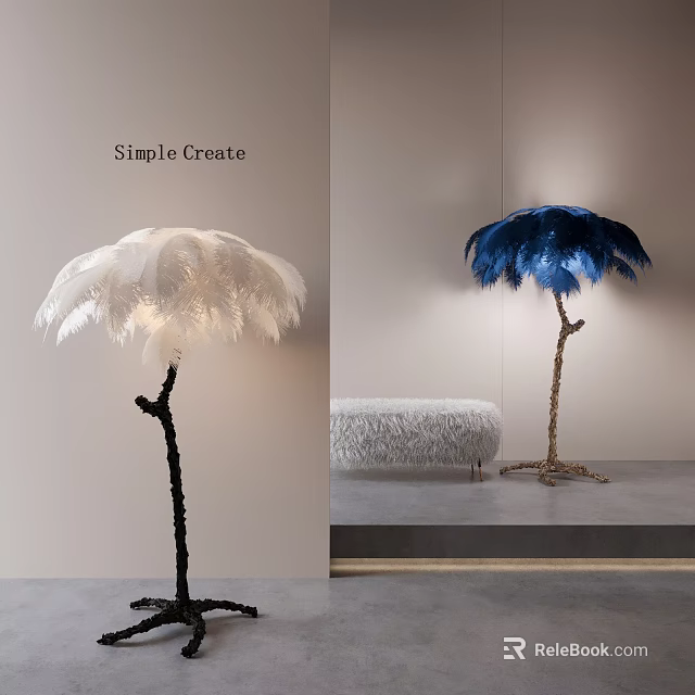 Sculptural Feather Floor Lamps White And Blue Designs In Modern Interior With Faux Fur Bench 3d model 