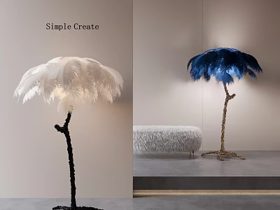 Sculptural Feather Floor Lamps White And Blue Designs In Modern Interior With Faux Fur Bench 3d model
