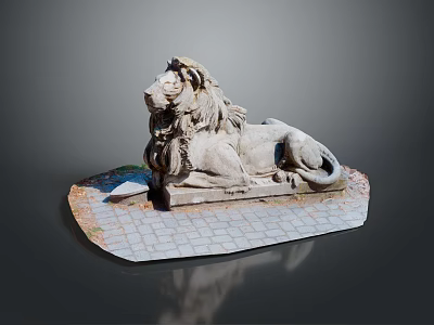 Reclining Stone Lion Statue with Intricate Details on Brick Base 3d model