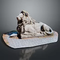 Reclining Stone Lion Statue with Intricate Details on Brick Base