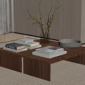 Modern Walnut Wood Coffee Table With Slatted Top And Stack Of Books Vase Branches Bowl