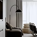 Modern Minimalist Living and Dining Room With Sectional Sofa Round Chandelier Geometric Wall Art And Large Windows