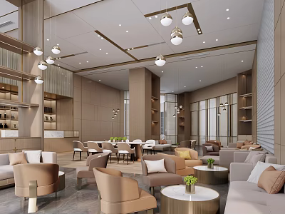 Elegant Modern Hotel Lobby Interior With Sofas Chairs Round Tables And Pendant Lights 3d model