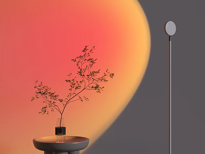 Modern Floor Lamp with Small Round Table Potted Plant and Gradient Orange Pink Background 3d model
