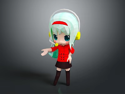 Low Poly Cartoon Character With Light Green Hair Red Headband Yellow Headphones And Pointing Gesture 3d model