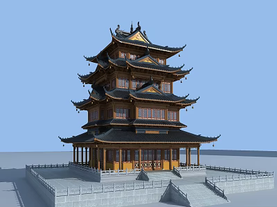 Traditional Chinese Multi story Pagoda With Curved Roof Cornices And Stone Platform Steps 3d model