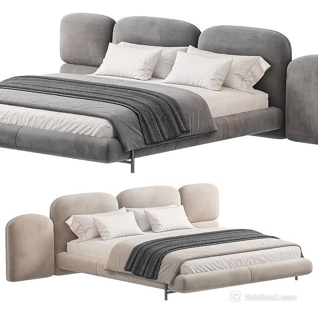 Modern Double Bed Minimalist Design With Upholstered Headboard White Pillows And Gray Blanket 3d model 