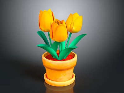 Yellow Tulips In Terracotta Pot With Green Leaves And Red Soil 3d model