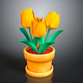Yellow Tulips In Terracotta Pot With Green Leaves And Red Soil