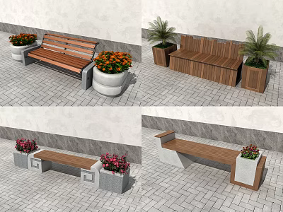 Public Bench With Wooden Seat And Concrete Base Near Colorful Flower Pots On Paved Ground 3d model