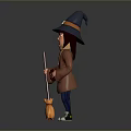 Cartoon Witch In Blue Hat Brown Robe Holding Broomstick Red Book And Scarf