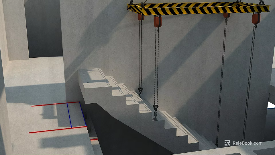 Concrete Staircase Construction At Building Site With Crane And Metal Chains 3d model 