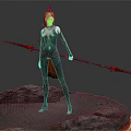 White Haired Female Warrior Wielding Red Glow Spear in Black Outfit on Rocky Platform