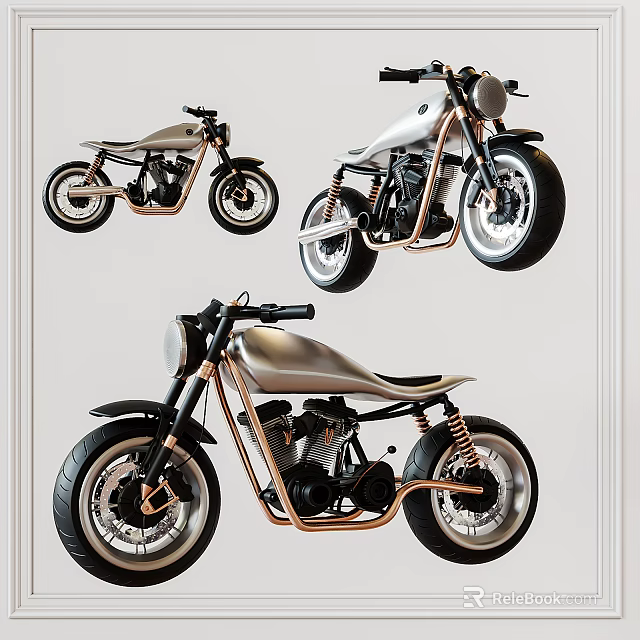 Custom Motorcycle With Silver Body Copper Frame And Retro Muscular Design 3d model 