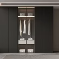 Modern Closet Interior Design With Black Wardrobe Hanging Clothes And Drawers