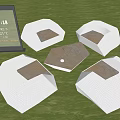Outdoor Polygonal Table Chair Set With White Seats Wooden Top Green Grass Sunny Weather
