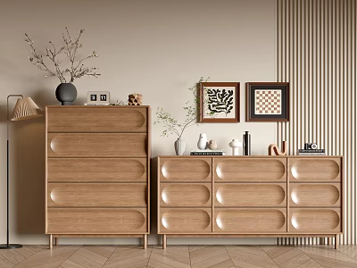Modern Wooden Entryway Cabinet And Side Cabinet With Drawers Decorative Vases And Wall Art 3d model