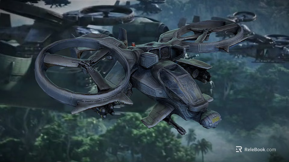 Futuristic Fighter Jet With Large Rotors Flying Over Forest Background In Vertical Takeoff Scene 3d model 