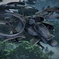 Futuristic Fighter Jet With Large Rotors Flying Over Forest Background In Vertical Takeoff Scene