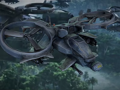 Futuristic Fighter Jet With Large Rotors Flying Over Forest Background In Vertical Takeoff Scene 3d model