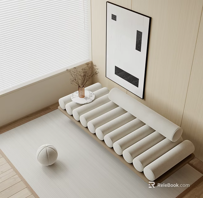 White Cylindrical Cushion Sectional Sofa With Light Wooden Walls White Blinds Black White Abstract Art 3d model 