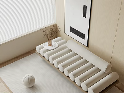 White Cylindrical Cushion Sectional Sofa With Light Wooden Walls White Blinds Black White Abstract Art 3d model