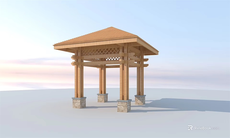 Wooden Gazebo With Orange Roof And Stone Pillar Supports In Blue Sky Background 3d model 