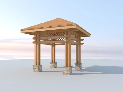 Wooden Gazebo With Orange Roof And Stone Pillar Supports In Blue Sky Background 3d model