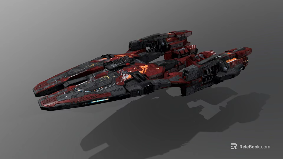 Red and Black Sci Fi Spaceship with Multiple Structural Sections and Large Interstellar Battleship Design 3d model 