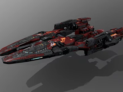Red and Black Sci Fi Spaceship with Multiple Structural Sections and Large Interstellar Battleship Design 3d model