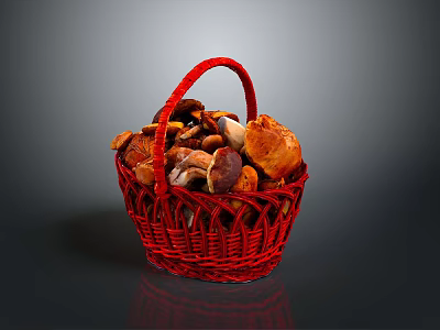 Red Woven Basket Filled With Fresh Assorted Mushrooms On Dark Background 3d model