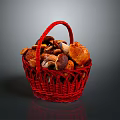 Red Woven Basket Filled With Fresh Assorted Mushrooms On Dark Background