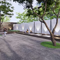 Modern Landscape Feature Wall In Garden With Green Trees Lawn And Sculpture