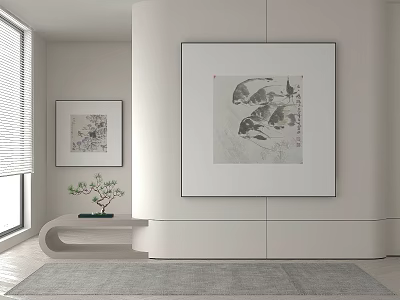 Animal Paintings In Modern Minimalist Interior With Shelf And Plant 3d model