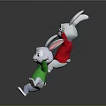 Two Happy Cute Rabbits Jumping In Red And Green Sweaters With Smiling Faces