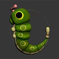 Cartoon Character And Green Caterpillar Creature With Big Eyes Pink Horn Yellow Spots White Tail