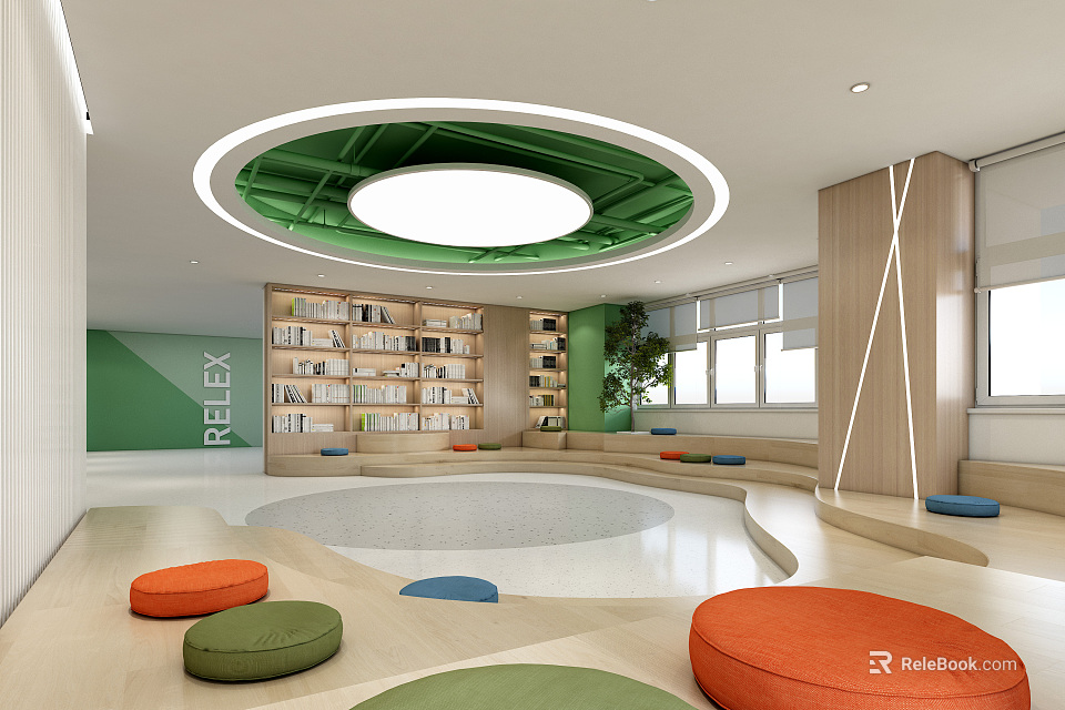 Book Art Themed Interior Space with Circular Platform Colorful Cushions Bookshelves and Green Ceiling Design 3d model 