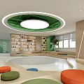 Book Art Themed Interior Space with Circular Platform Colorful Cushions Bookshelves and Green Ceiling Design