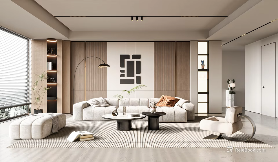 Modern Living Room Interior With Beige Sofa Coffee Tables Floor Lamp And Wooden Panel Walls 3d model 