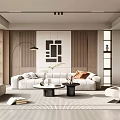 Modern Living Room Interior With Beige Sofa Coffee Tables Floor Lamp And Wooden Panel Walls